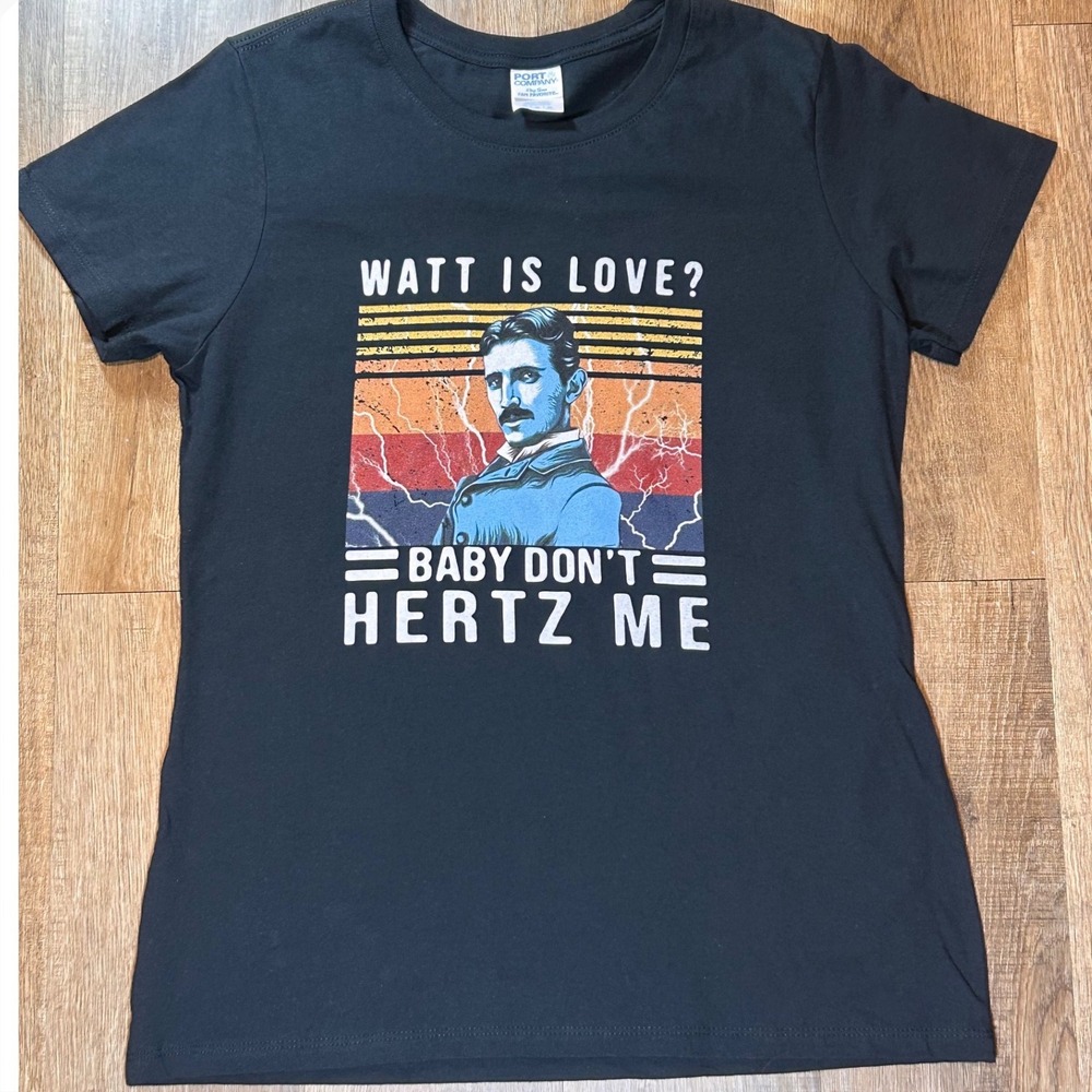 Port & Company Nikola Tesla Watt Is Love Science Pun Graphic Tee Black Medium